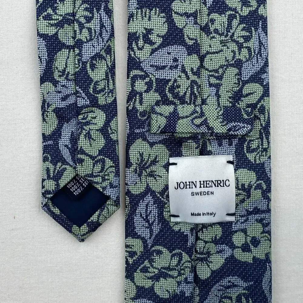 JOHN HENRIC Tie 100% Silk Floral Woven Jacquard Necktie Blue Italy